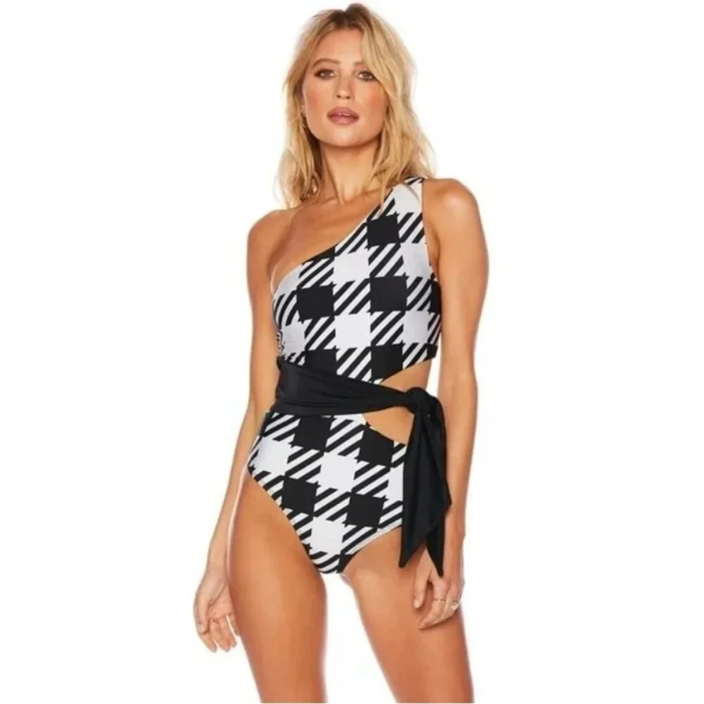 Beach Riot Free People Movement Black and White HoundstoothOne-Shoulder Swimsuit